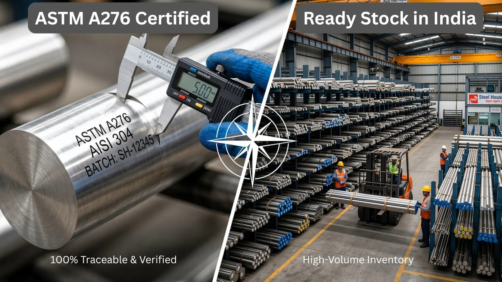 ASTM A276 AISI 304 Stainless Steel Round Bars ASTM certified material ready stock at Steel House India steel round bar manufacturer stockist and supplier in India